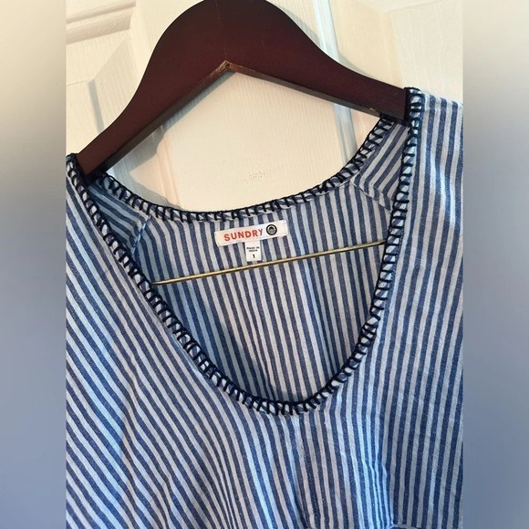 SUNDRY Anthropologie Blue White Stripe 100% Cotton Beach Pool Dress Sz 1 POCKETS - Picture 3 of 12